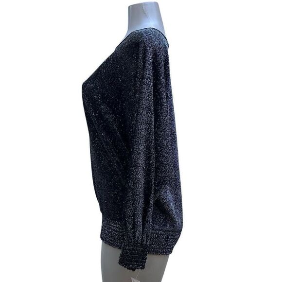 Joanna Sweater Blouse Women's Large Black Sparkly Mylar Blend Smocked Hem - Picture 9 of 16